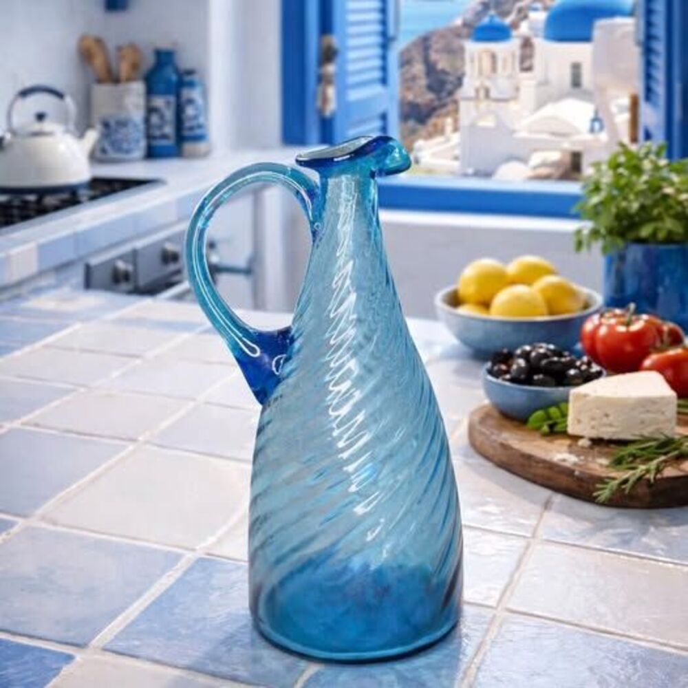 Handblown Italy 8 inch Swirl Blue Art Glass Carafe Ewer Cruet